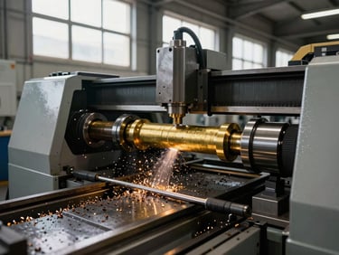 Wide factory floor shot showing a CNC turning centre mid-operation on a brass rod billet, chips curling off under north-facing daylight from high clerestory windows, machine coolant catching the light, warm brass colour against grey steel machinery.