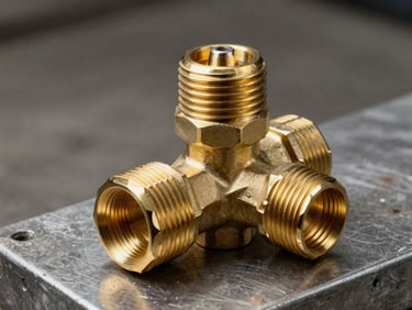 Close-up detail of a finished brass valve body and two flanged fittings on a steel inspection surface, overhead studio strobe lighting revealing the warm golden surface finish and precise machined threads, dark concrete background.