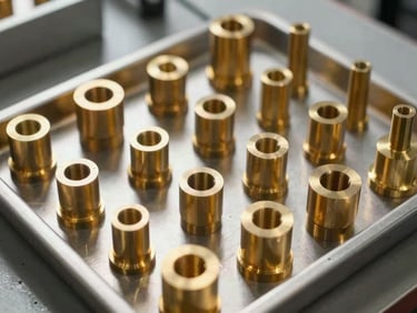 Detail shot of precision brass alloy components arranged in a factory inspection tray under north-facing daylight, turned and machined surfaces catching light, warm gold tones against a neutral steel background, no people, 45-degree overhead angle
