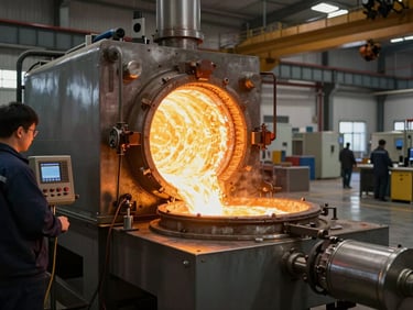 Wide shot of an open induction furnace with molten brass glowing bright amber-gold inside, furnace operator adjusting controls at left edge, factory floor and overhead cranes visible in background under industrial lighting