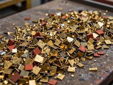 Close-up overhead shot of sorted brass scrap piles by grade on a concrete sorting floor, warm tungsten lighting catching the varied golden and reddish tones of the metal fragments, factory scale visible in the background