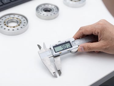 A close-up of a quality assurance specialist measuring precision hardware parts on a clean white surface with digital calipers