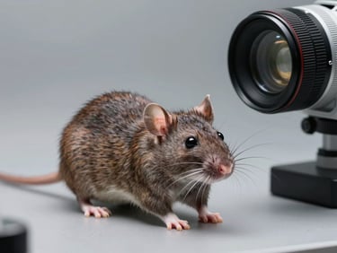 Scientific close-up of a brown rat in a controlled gray environment, clinical diagnostic lighting