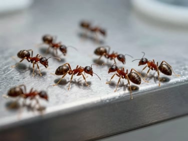 Extreme macro of tiny sugar ants on a clean stainless steel counter, sterile clinical lighting
