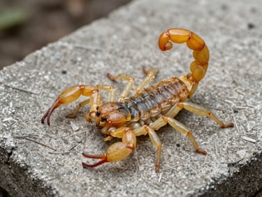 Detailed macro view of a Tityus serrulatus yellow scorpion on a dry concrete slab, clinical diagnostic lighting.