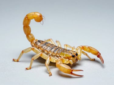 Macro diagnostic shot of a yellow scorpion on a clean light gray background, cold studio lighting
