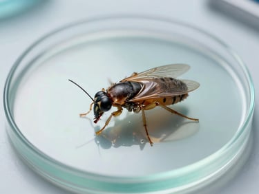 Microscopic detail of a flea on a clean laboratory slide background, clinical lighting