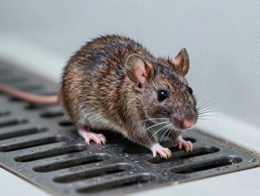 Macro perspective of a brown rat near a clean drainage grate, sterile cold studio lighting, high detail.