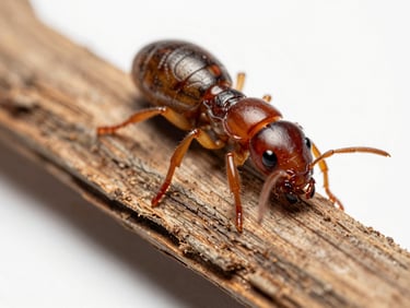 Detailed macro view of subterranean termites on dry wood, laboratory white background, sharp focus