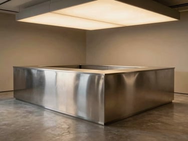 Environmental wide shot of a custom steel point-of-sale counter inside a minimalist retail space, warm tungsten overhead lighting, brushed steel surface reflecting soft ambient light, clean geometric lines, no people