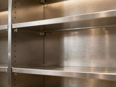Interior shot of a brushed-steel shelving installation in a high-end retail space, controlled studio lighting picking up the surface grain, clean geometric bracket details in focus, warm ambient light from the store behind