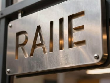 Close-up macro of a laser-cut steel retail sign panel, cut letterforms precise and sharp, ambient tungsten warmth catching the kerf edge, mounted on a brushed steel bracket in a retail environment