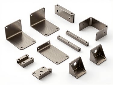 Overhead isometric flat-lay of precision laser-cut steel exhibitor brackets and display arms arrayed by assembly order, studio lighting, machined surface texture visible, clean white background