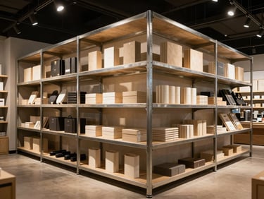 Wide environmental shot of a finished retail metal shelving installation inside a contemporary brand store, overhead warm tungsten lighting raking across steel shelves, products neatly arranged, architectural precision evident in corner joints and surface finish