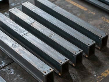 Overhead isometric view of heavy-gauge steel structural components arrayed on a factory floor, north-facing diffuse light revealing surface texture and weld seams, precise geometry of cut flanges and bolt holes, cool industrial palette