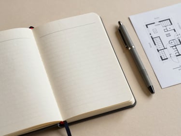 Overhead flat-lay of an open appointment book, a matte pen, and a small clinic floor plan sketch on warm ivory paper, soft diffused light, no people visible