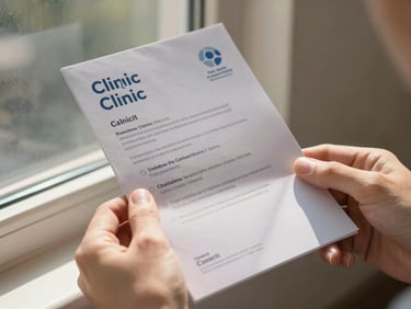 Close-up of a hand holding a printed clinic brochure near a window, warm afternoon light casting a soft shadow across the matte cover, background softly out of focus