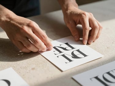 Close-up of a designer's hands arranging typographic layout cards on a light stone surface, warm natural light from the left, crisp shadows, minimal and precise