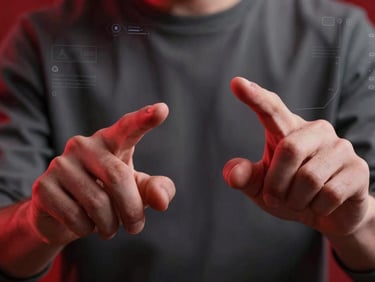 Close-up of hands interacting with a holographic AI interface, crisp studio lighting, high-contrast red and dark gray tones, sharp focus, modern tech, 35mm