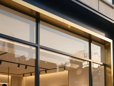 Close-up architectural detail of a luxury retail facade with modern glass panels, golden-hour light casting elegant shadows, champagne gold accents