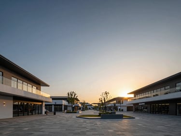 Wide environmental shot of a master-planned commercial plaza at sunset, clean modern structures, expansive sky, low horizon