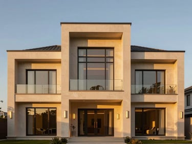 Symmetrical modern luxury villa facade at sunset, warm champagne gold lighting, clean architectural lines, 35mm
