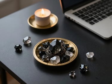 Moody editorial photography, elegant mystical atmosphere, overhead shot of a minimalist black desk with obsidian crystals, a brass incense holder, and a laptop, soft warm lighting