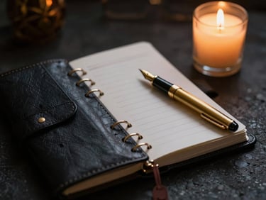Moody editorial photography, low-key warm candlelight, an open black leather planner next to a golden fountain pen, deep obsidian and gold tones, macro details