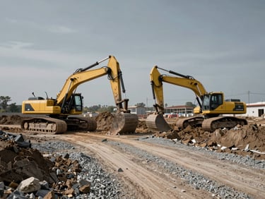 Wide shot of a heavy industrial development site, active excavators grading raw land, gravel access roads, slate gray sky.