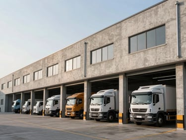 Exterior shot of a modern concrete high-bay warehouse, multiple loading docks, heavy transport trucks parked, crisp morning light.