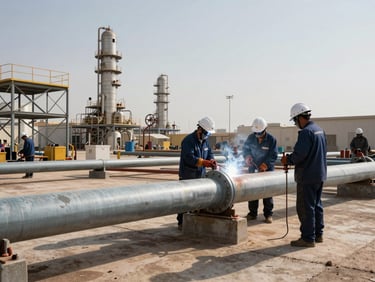 Wide worksite shot of three welders in full PPE and hardhats positioned along a large-diameter pipe run at an Iraqi refinery, natural daylight from the left, steel scaffolding and industrial equipment visible in background, concrete ground, late-afternoon light casting long shadows