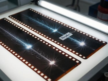 Close-up documentary study of radiographic film strips laid flat on a light table, weld seam images visible, inspection tag attached with project number handwritten, fluorescent laboratory light from below, oxidized metal surface partially visible at frame edge