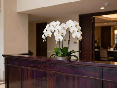 A rare white orchid arrangement on a dark wood reception desk in a luxury hotel lobby, warm interior ambient light, elegant shadows, medium format