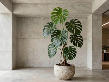 Wide environmental shot of a minimalist concrete lobby with a towering, structural Monstera Deliciosa in a custom stone planter, soft indirect natural light.