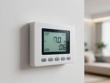 Close-up of a digital thermostat display on a white wall showing temperature settings, bright ambient room light, clean modern interior