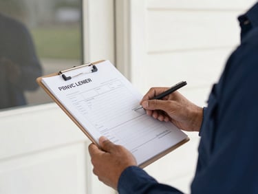 Technician handing over a printed service invoice on a clipboard at a residential doorstep, bright natural light, neat uniform visible