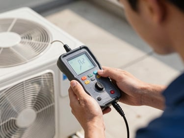 Technician hands holding a digital diagnostic meter connected to AC outdoor unit, bright daylight, gauges clearly visible, concrete terrace background