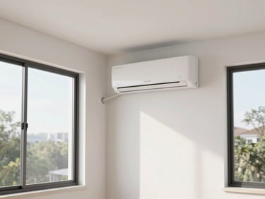 Wide shot of a clean residential room with a newly installed split AC unit on the wall, bright natural daylight through large windows, no people visible, neat white walls and minimal furniture showing a finished professional installation