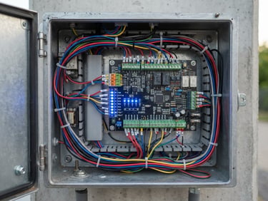 Sharp technical close-up of clean wiring inside a modern gate control panel, electric blue indicator lights, metallic casing, high detail, 35mm