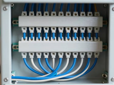 Close-up of clean, neat electrical wiring and shielded cables inside an open control panel, technical precision