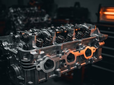 Dramatic close-up of a pristine metallic engine cylinder head, sharp orange reflections, dark moody workshop lighting background, 50mm lens