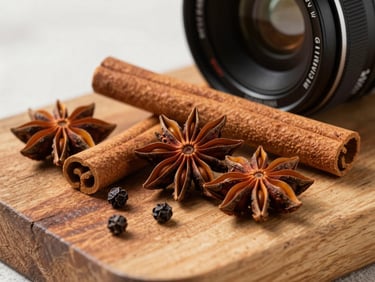 Close-up of whole spices including cinnamon sticks, star anise, and black peppercorns arranged on a rustic wooden board
