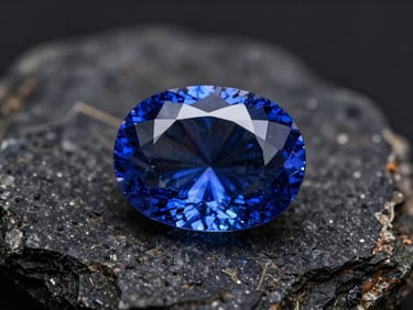 Uncut raw blue sapphire gemstone resting on a dark mineral rock, dramatic pinpoint lighting catching the internal blue clarity