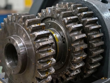 Macro shot of heavy industrial steel gears and machinery components with a light coat of protective oil, precise engineering detail