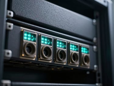 Extreme close-up macro of server rack nodes with glowing teal indicator lights in a dark, high-contrast clean room environment.