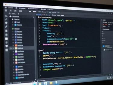 Macro shot of a high-resolution monitor displaying a clean code editor with teal syntax highlighting, dark background, shallow depth of field.