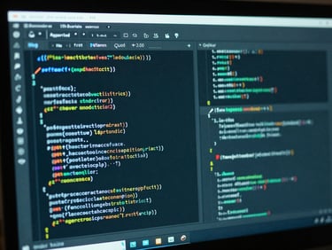Macro close-up of a code editor on a high-resolution monitor displaying clean configuration files, selective cool teal ambient glow.