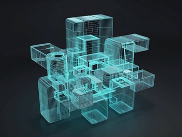 Abstract 3D wireframe render of complex architectural data structures, illuminated in cool cyan and teal tones against a deep charcoal background.