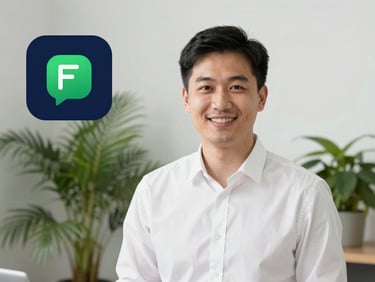 A professional male instructor in a white shirt, smiling warmly, clean studio lighting, soft background with green plants, 35mm