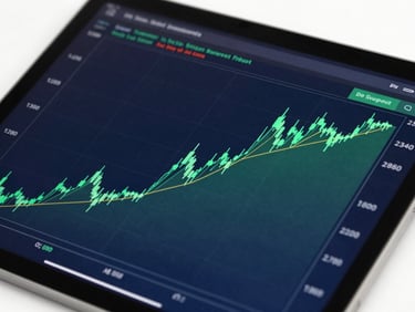 A clean candlestick chart on a tablet screen, showing clear support and resistance lines, green and navy tones, sharp focus
